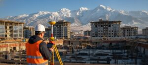 Геодезист с GNSS-приёмником на строительной площадке в Алматы на фоне Заилийского Алатау